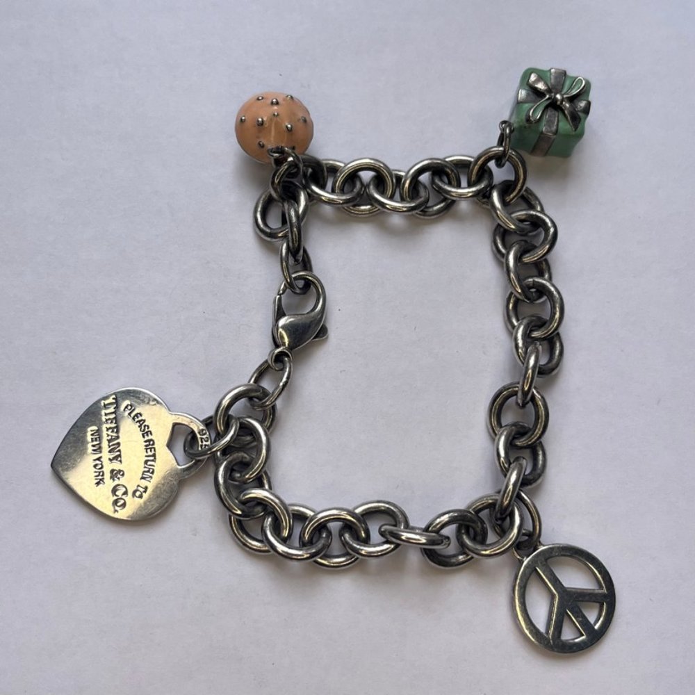 Tiffany & Co. Sterling Silver Charm Bracelet with Cupcake, Gift, Peace charms